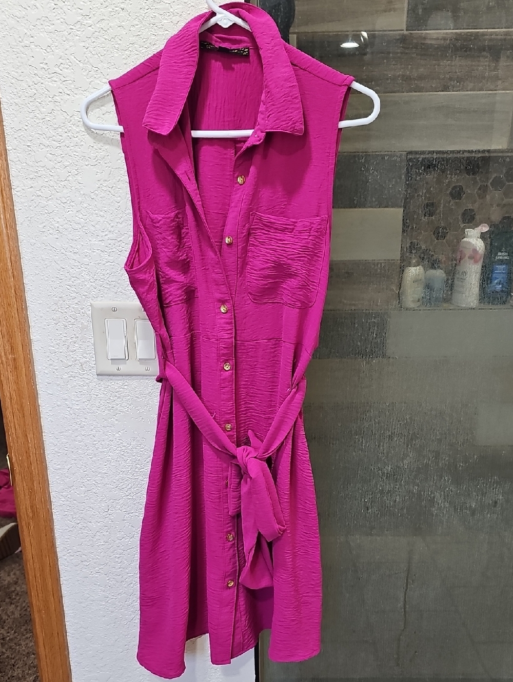 Sleeveless Button-Front Shirt Dress in Fuchsia